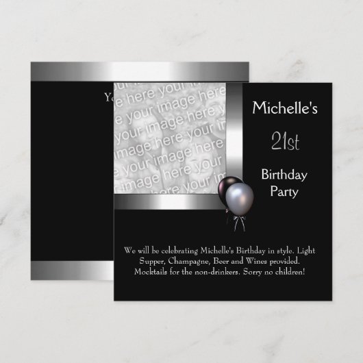 Elegant Photo Silver Black Ballon 21st Birthday Kaart (Voorkant / Achterkant)