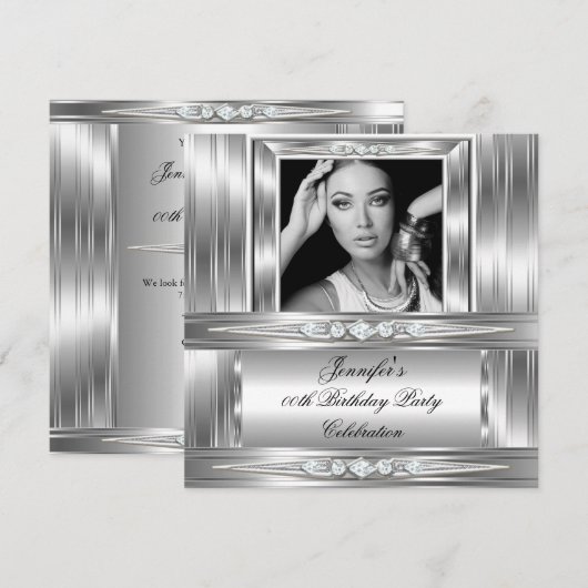 Elegant Photo Silver Diamond Birthday Party Kaart (Voorkant / Achterkant)