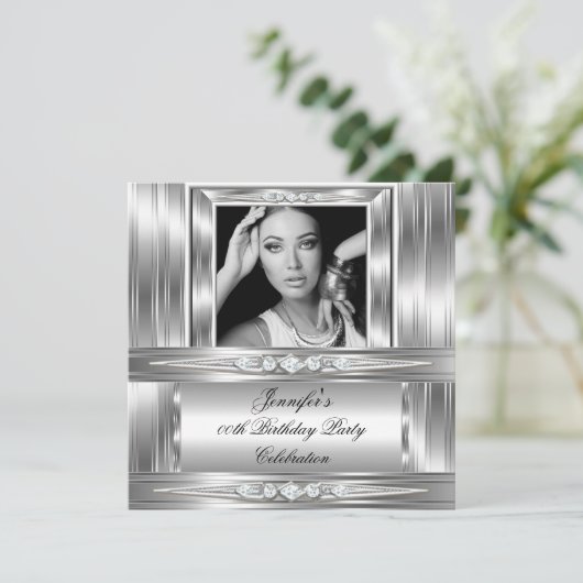Elegant Photo Silver Diamond Birthday Party Kaart (Staand voorkant)