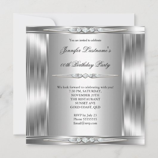 Elegant Photo Silver Diamond Birthday Party Kaart (Achterkant)