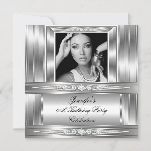 Elegant Photo Silver Diamond Birthday Party Kaart (Voorkant)
