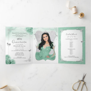 Elegant Photo Silver en Seafoam Green Quinceañera Drieluik Uitnodiging