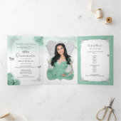 Elegant Photo Silver en Seafoam Green Quinceañera Drieluik Uitnodiging (Binnen)