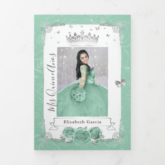 Elegant Photo Silver en Seafoam Green Quinceañera Drieluik Uitnodiging (Cover)