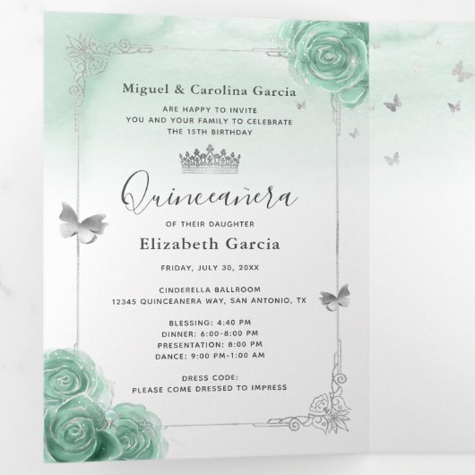 Elegant Photo Silver en Seafoam Green Quinceañera Drieluik Uitnodiging (Binnenzijde eerst)