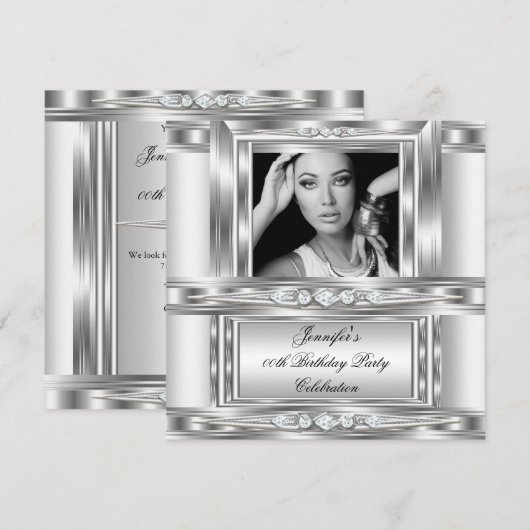 Elegant Photo Silver White Diamond Birthday Party Kaart (Voorkant / Achterkant)