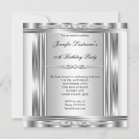 Elegant Photo Silver White Diamond Birthday Party Kaart (Achterkant)