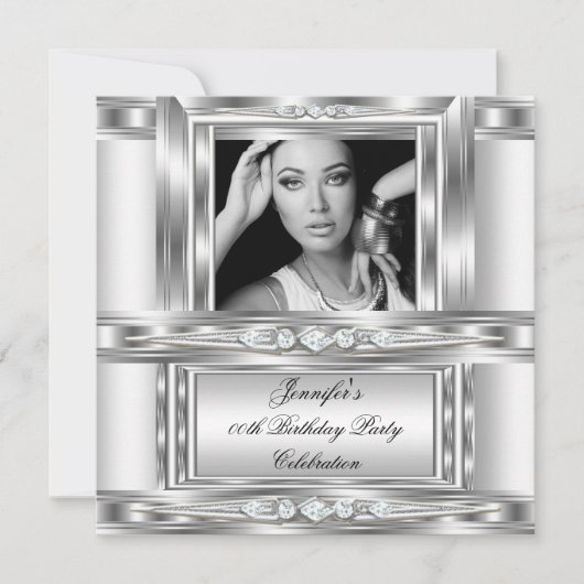 Elegant Photo Silver White Diamond Birthday Party Kaart (Voorkant)