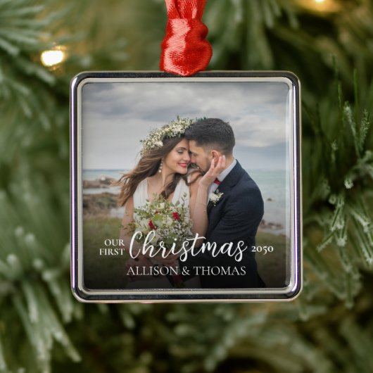 Elegant Photo Weddenschap Ons eerste kerstfeest Metalen Ornament (Boom)