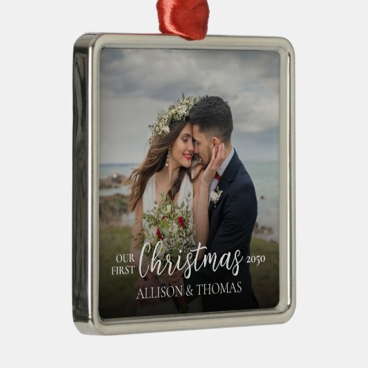 Elegant Photo Weddenschap Ons eerste kerstfeest Metalen Ornament (Rechts)