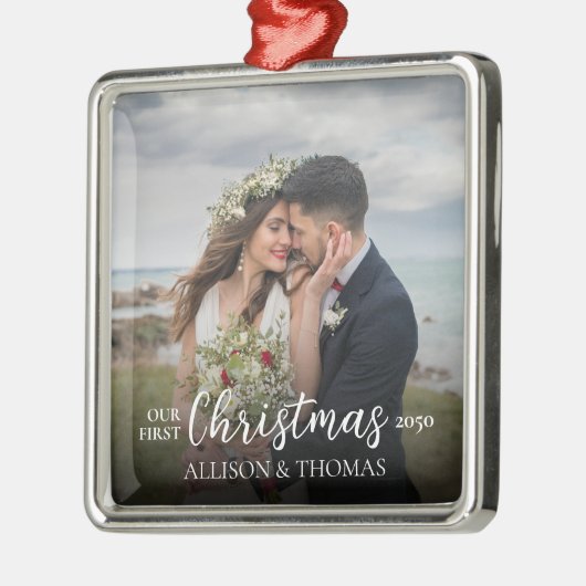 Elegant Photo Weddenschap Ons eerste kerstfeest Metalen Ornament (Links)