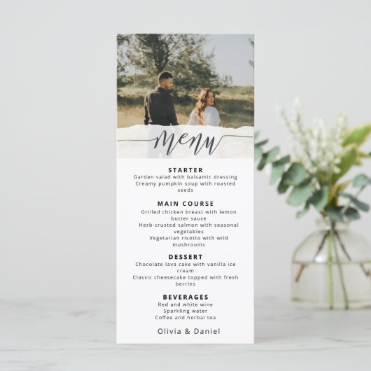 Elegant Photo Wedding Menu with Modern Script (Staand voorkant)