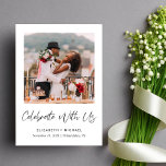 Elegant Photo Wedding Reception Invitation Aankondiging<br><div class="desc">Elegant elopement/kleinere trouwaankondiging en post-trouwreceptie of partijuitnodiging. Op de voorzijde staat uw foto, "Celebrate With us" in een script en uw voornamen en trouwdatum en -locatie in eenvoudige moderne typografie. Aan de achterkant, kunt u uw bruiloft of aankondiging van de Ontwikkeling meer in detail personaliseren, een ontvangst of partijuitnodiging toevoegen...</div>