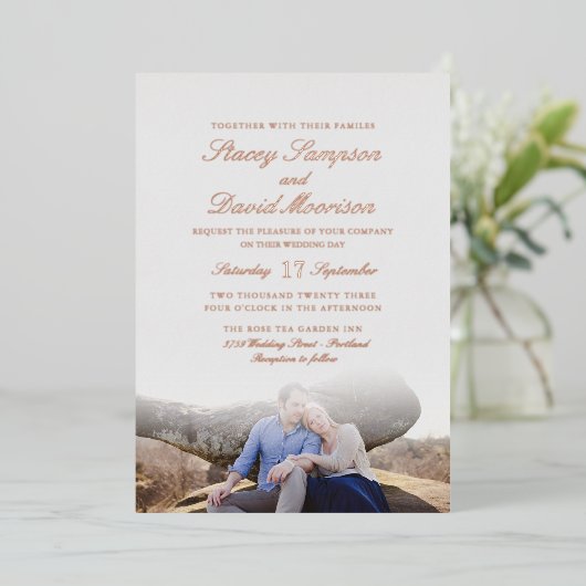 Elegant Photo Wedding with Real Roos Gold Folie Uitnodiging (Staand Voorkant)