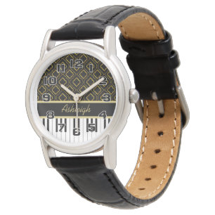 Elegant Piano Keys met Gold Quatrefoil op Black Horloge