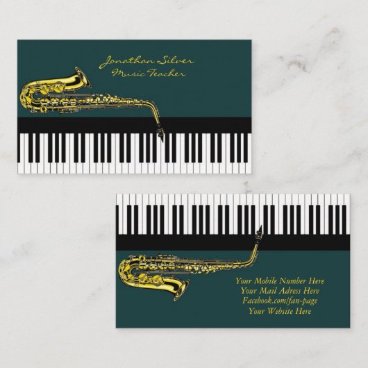 Elegant Piano Keys & Saxophone Music Teacher Visitekaartje (Voorkant / Achterkant)