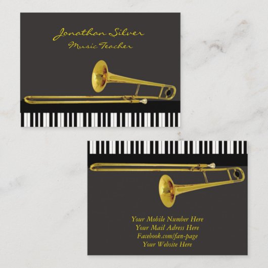 Elegant Piano Keys & Trombone Music Teacher Visitekaartje (Voorkant / Achterkant)