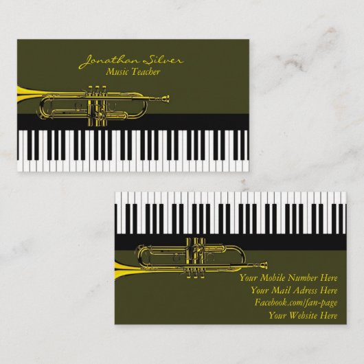 Elegant Piano Keys & Trumpet Music Teacher Visitekaartje (Voorkant / Achterkant)