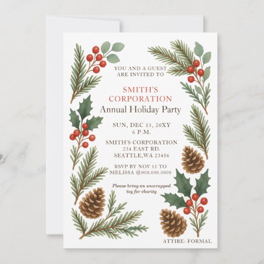 Elegant Pine Berries Corporate Holiday Party  Kaart (Voorkant)