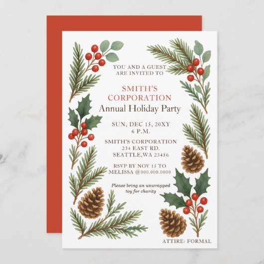 Elegant Pine Berries Corporate Holiday Party  Kaart (Voorkant / Achterkant)