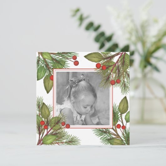 Elegant Pine Botanical Greenery Holly Berries Feestdagenkaart (Staand voorkant)