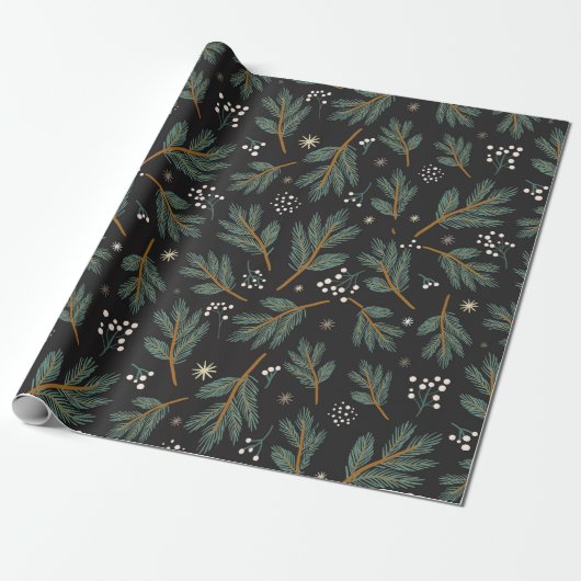 Elegant Pine Branch Christmas Black  Cadeaupapier (Uitgerold)