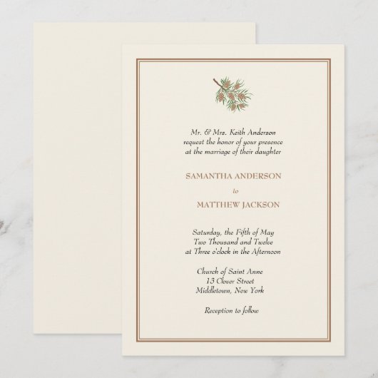 Elegant Pine Cone Wedding Invitation Kaart (Voorkant / Achterkant)
