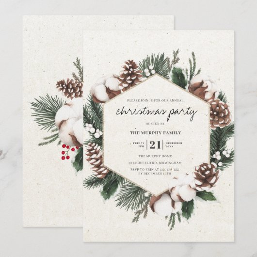 Elegant Pine & Cotton Holiday Party Kaart (Voorkant / Achterkant)