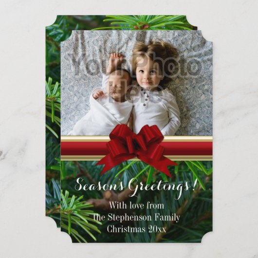 Elegant Pine Gold Red Bow kerst Feestdagenkaart (Voorkant / Achterkant)