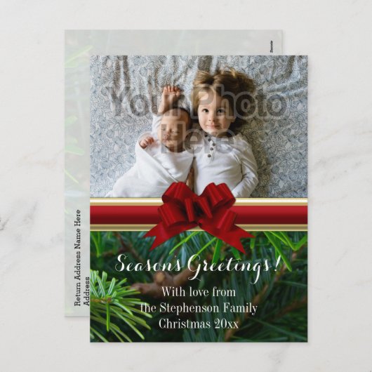 Elegant Pine Gold Red Bow kerst Feestdagenkaart (Voorkant / Achterkant)