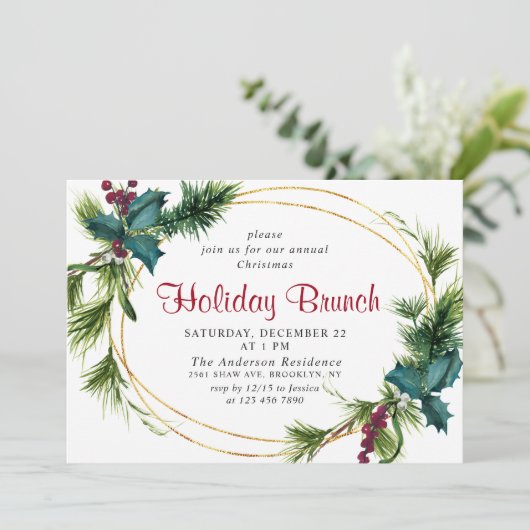 Elegant Pine Holly Berry Kerstfeestdag Brunch Kaart (Staand voorkant)