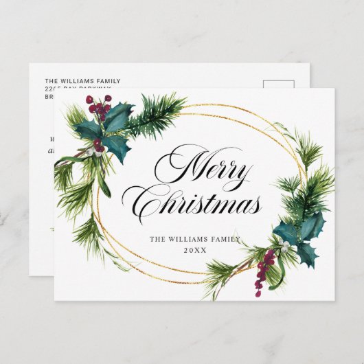 Elegant Pine Holly Berry-kerstgroet Feestdagenkaart (Voorkant / Achterkant)