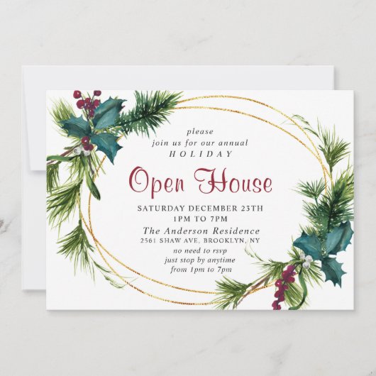 Elegant Pine Holly Christmas Holiday Open House Kaart (Voorkant)