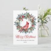 Elegant Pine Holly Kerstmis Rood Kardinaal Feestdagenkaart (Staand voorkant)