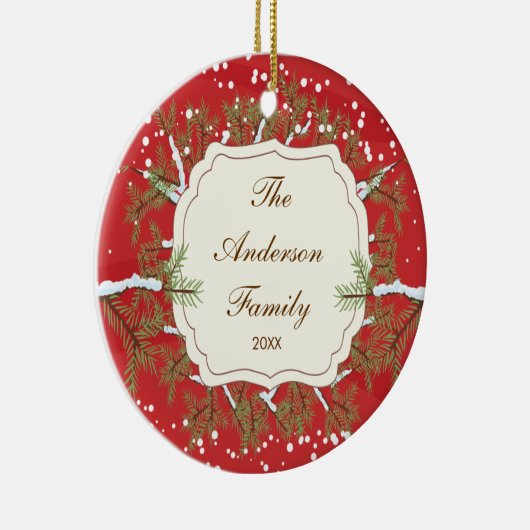 Elegant Pine Tree Branche Dated Family Kerstmis Keramisch Ornament (Rechts)