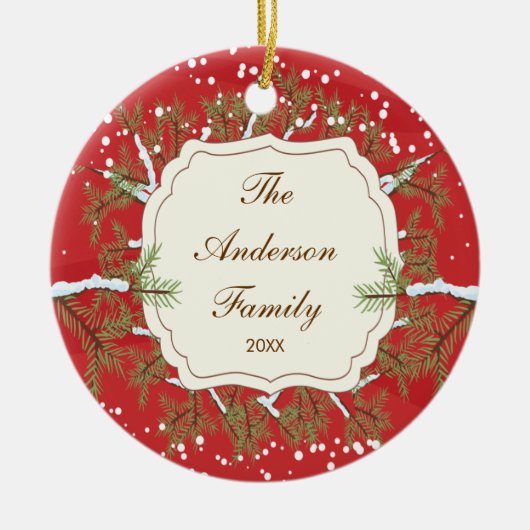 Elegant Pine Tree Branche Dated Family Kerstmis Keramisch Ornament (Voorkant)