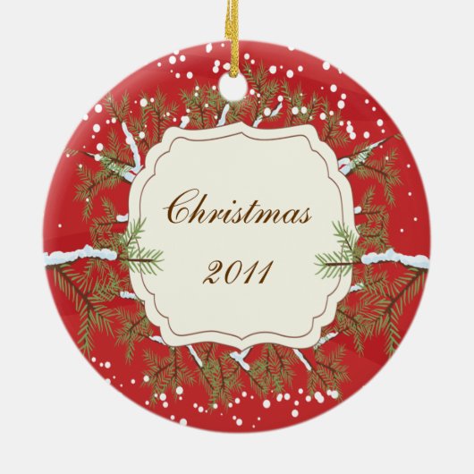 Elegant Pine Tree Branche Dated Family Kerstmis Keramisch Ornament (Achterkant)