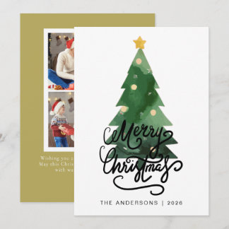 Elegant Pine Tree Christmas Family 2 Photo Holida Feestdagenkaart