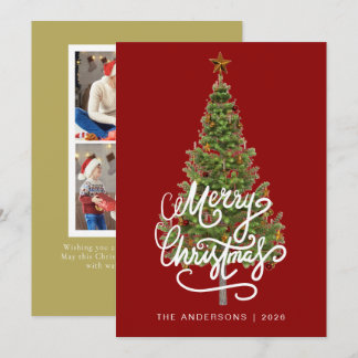 Elegant Pine Tree Christmas Family 2 Photo Holida Feestdagenkaart