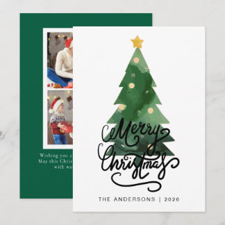 Elegant Pine Tree Christmas Family 2 Photo Holida Feestdagenkaart