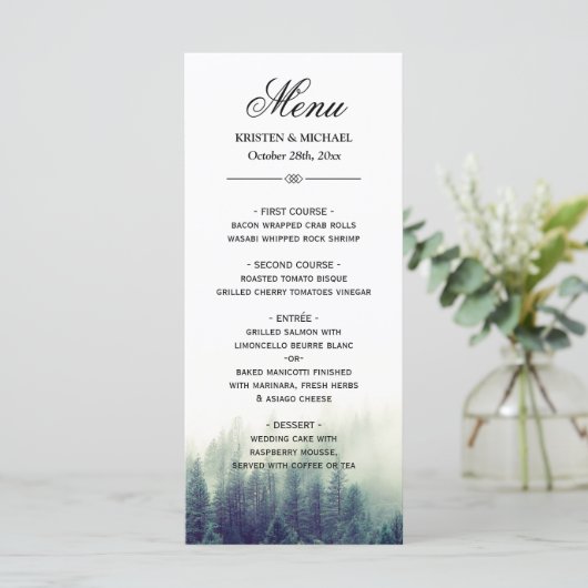 Elegant Pine Tree Forest Natuur Wedding Menu (Staand voorkant)