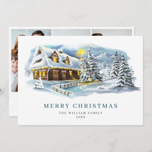 Elegant Pine Tree-kerstgroet 3 Foto Feestdagenkaart (Voorkant / Achterkant)