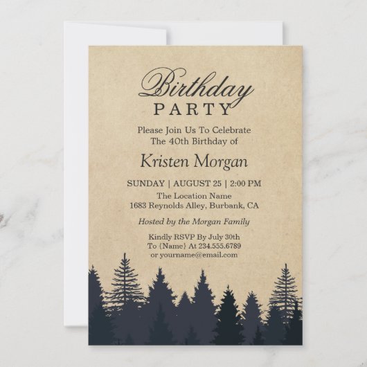 Elegant Pine Tree Kraft Birthday Party Invitation Kaart (Voorkant)