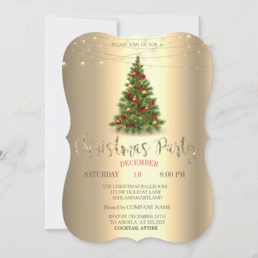 Elegant Pine Tree, String Lights Gold Kerstmis Kaart (Voorkant)