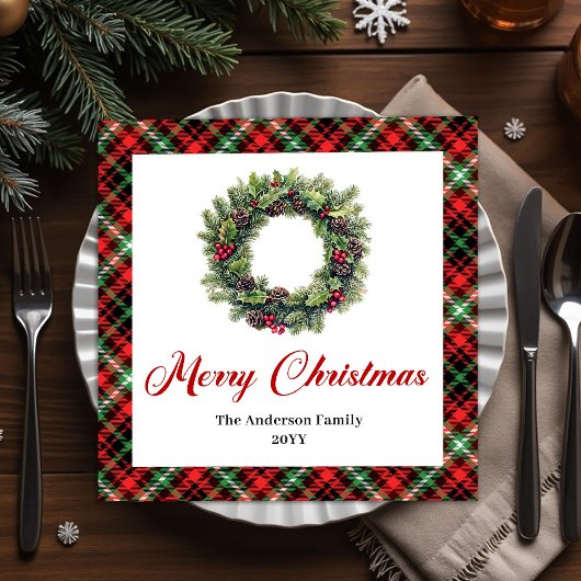 Elegant Pine Wreath Red Green Plaid Napkins Servet