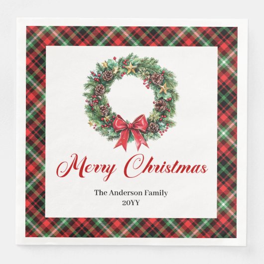 Elegant Pine Wreath Red Green Plaid Napkins Servet (Voorkant)