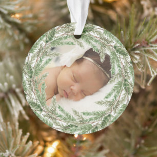 Elegant Pine WreatPhoto Babys First Kerstmis Ornament