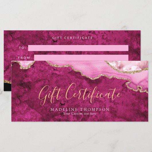 Elegant Pink Agate Gift Certificate Gift Card (Voorkant / Achterkant)