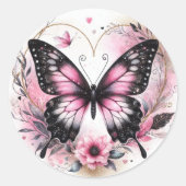 Elegant Pink and Black Butterfly with Heart Art Ronde Sticker (Voorkant)