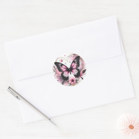 Elegant Pink and Black Butterfly with Heart Art Ronde Sticker (Envelop)